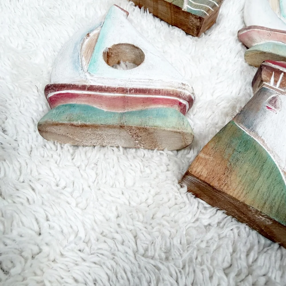 Cottage Nautical 8 Wooden Napkin Rings Sailboat Lighthouse Beach Table Decor